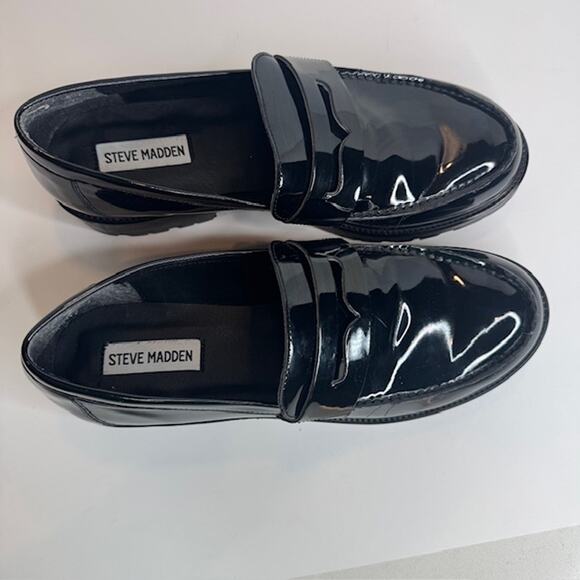 Steve Madden Sz 11 Black Patent Langsten Leather Platform Loafers - Picture 7 of 11